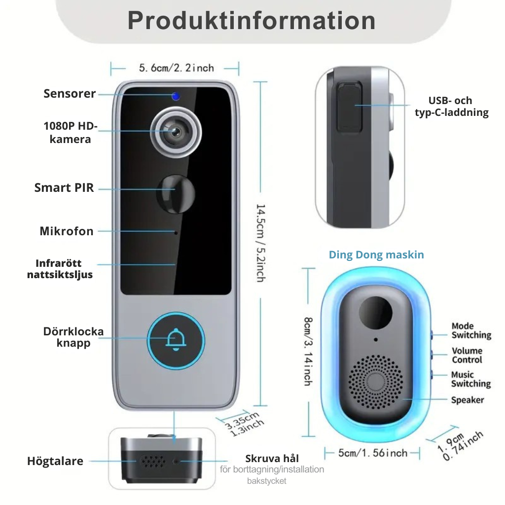 GuardianBell Pro AI-dörrklocka med nattseende